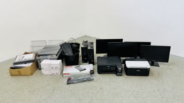 A QUANTITY OF MIXED OFFICE SUPPLIES AND COMPUTER EQUIPMENT TO INCLUDE 2 X HP SLIMLINE DESK TOP