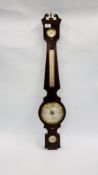 A VINTAGE MAHOGANY CASE BAROMETER DIAL SIZE 17CM DIAMETER. LENGTH 99CM.