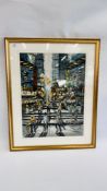 A FRAMED AND MOUNTED OIL ON CANVAS OF A BUSY STREET SCENE SIGNED MAK. C. 45CM X 60CM.