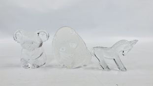 3 X KOSTA BODA ART GLASS FROSTED ANIMALS BY BERTIE VILLIAN INCLUDING PANDA, KOALA AND UNICORN.