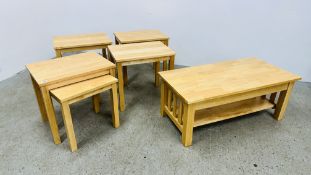 MODERN BEECH WOOD COFFEE TABLE AND A PAIR OF MATCHING LAMB TABLES + A GROUP OF 3 MODERN BEECH WOOD