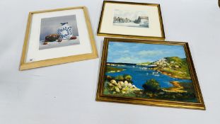 A FRAMED AND MOUNTED GOUACHE BEARING SIGNATURE MIKE HENRY "CHINESE FLASK" ALONG WITH A LOCAL PRINT