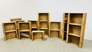 A LARGE COLLECTION OF VINTAGE STYLE WOODEN CRATE DISPLAYS (SOME SINGLE UNITS, SOME DOUBLE,