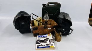 A PAIR OF LEATHER VIRAGO MOTORCYCLE PANYAS, HAYNES YAMAHA XV VIRAGO BIKE MANUAL, VINTAGE FUEL CAN,