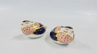 TWO ROYAL CROWN DERBY "QUAIL" PAPERWEIGHTS, ONE GOLD, ONE SILVER STOPPER.