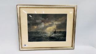 FRAMED AND MOUNTED WATERCOLOUR "OFF FOLKESTONE" SIGNED S. GOODRUM 1890 W 33 X H 24CM.