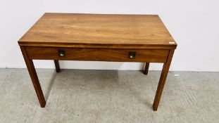 A BESPOKE TEAK TWO DRAWER WRITING TABLE WITH FOLDING TOP.