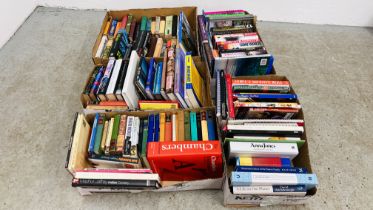 5 BOXES OF VARIOUS BOOKS TO INCLUDE NOVELS, COOKERY, REFERENCE, IAN RANKIN, HARRY POTTER, ETC.