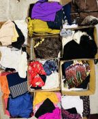 12 BOXES CONTAINING AN ASSORTMENT OF LADY'S CLOTHING, INCLUDING JUMPERS, JACKETS, COATS, DRESSES,