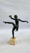 A LATE C20th BRONZE COPY OF A DANCING GIRL WITH HOOP, ON A MARBLE BASE, 42CM HIGH.