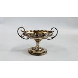 A VINTAGE SILVER TWIN HANDLED SINGLE PEDESTAL BOWL, CHESTER ASSAY, H 8CM X W 13CM.