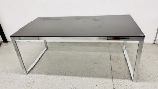 DESIGNER CHROME AND BLACK GLASS DINING TABLE, TABLE 180 X 90CM.