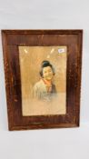 AN ORIGINAL WATERCOLOUR DEPICTING A "JAPANESE PORTRAIT BUST OF A YOUNG WOMAN" FRAMED ON A WOODEN