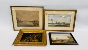 GROUP OF FRAMED OILS AND WATERCOLOUR INCLUDING STILL LIFE SIGNED C.F.