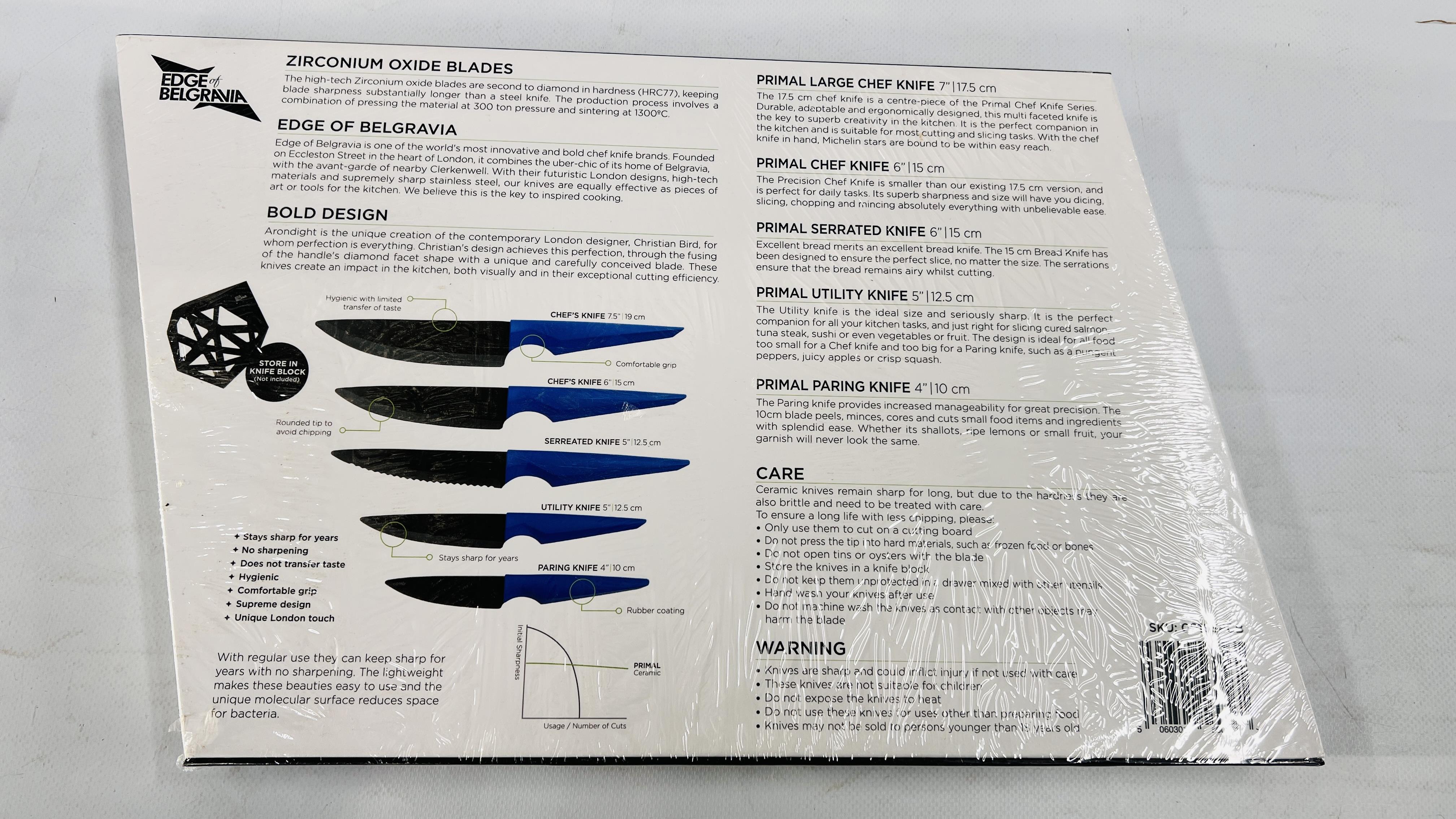 AS NEW BOXED EDGE OF BELGRAVIA PRIMAL ELECTRIC BLUE CERAMIC CHEF KNIFE SERIES COMPLETE FIVE PIECE - Image 2 of 2