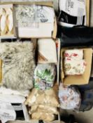 7 BOXES OF MIXED MATERIAL HOMEWARES INCLUDING CUSHIONS, BLANKETS, BEDDING, SUITCASES, CLOTHS ETC.