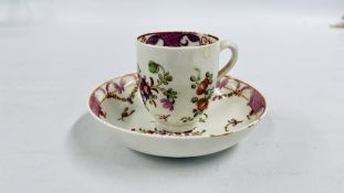 A LOWESTOFT CURTIS PATTERN COFFEE CUP AND SAUCER DECORATED WITH A FLORAL SPRAYS PATTERN, c.