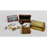 A GROUP OF COLLECTABLES TO INCLUDE BRASS BOUND BOX, TINTIN COLLECTORS CAR, VINTAGE POCKET WATCH,