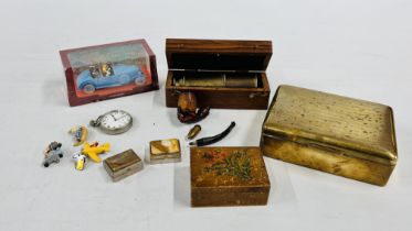 A GROUP OF COLLECTABLES TO INCLUDE BRASS BOUND BOX, TINTIN COLLECTORS CAR, VINTAGE POCKET WATCH,