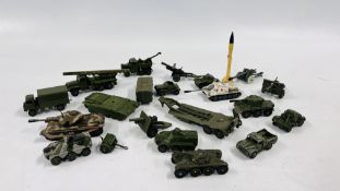 BOX OF MAINLY VINTAGE DINKY AND CORGI MILITARY VEHICLES.