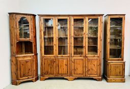 DUCAL HONEY PINE TRIPLE DOOR GLAZED TOP DISPLAY CABINET WITH CUPBOARD BASE + MATCHING GLAZED TOP