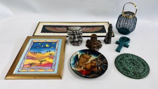 A GROUP OF EGYPTIAN AND INDIAN ARTIFACTS TO INCLUDE MASKS, FRAMED SILK AND A PAPYRUS PICTURE, ETC.