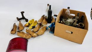 TWO BOXES CONTAINING LARGE QUANTITY VINTAGE GLASS BOTTLES AND WOODEN SHOE LASTS.