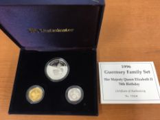 COINS: GUERNSEY 1996 FAMILY SET OF THREE PROOF COINS INCLUDING £25 GOLD, £5 AND £1 SILVER,