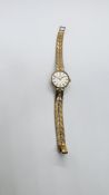 A LADY'S OMEGA 9CT GOLD CASE WRIST WATCH WITH MANUAL MOVEMENT ON A 9CT GOLD STRAP.