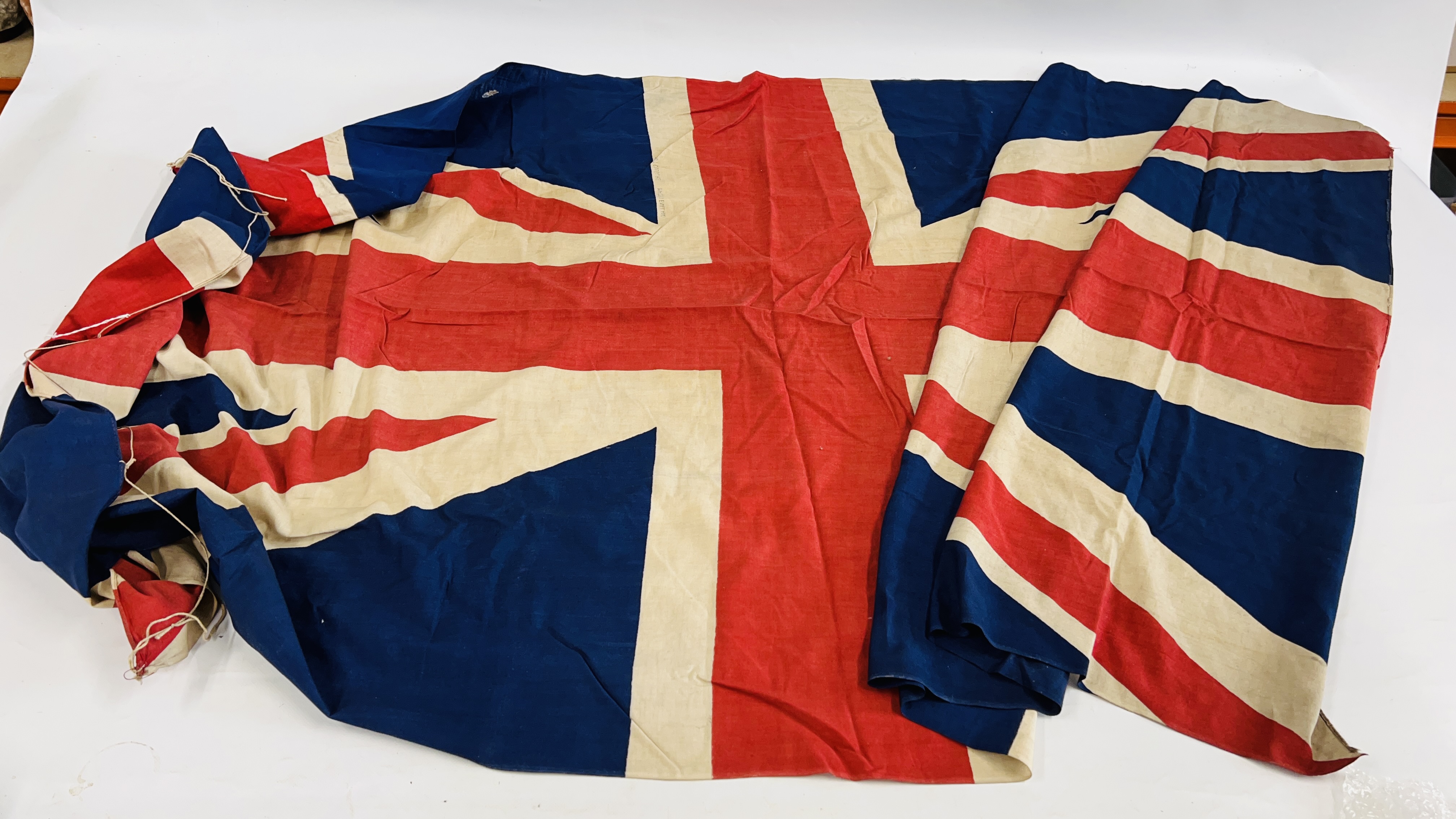 A LARGE VINTAGE BRITISH UNION JACK FLAG, 217 X 112CM.