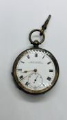 AN ANTIQUE SILVER CASED POCKET WATCH AND KEY, THE ENAMELED DIAL MARKED "ACME LEVER" H.