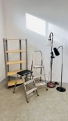 MODERN METAL FRAMED FIVE TIER OPEN SHELF UNIT AND TWO PAIRS OF FOLDING ALUMINIUM HOUSEHOLD STEPS