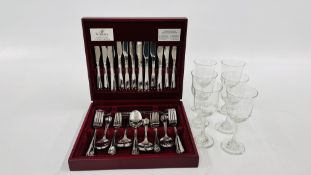 A CASED 58 PIECE CANTEEN OF VINERS CUTLERY ALONG WITH SIX TWISTED STEM WINE GLASSES.