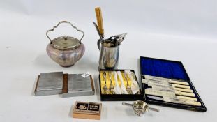 A JOINED PAIR OF ART DECO CIGARETTE BOXES, CASED CUTLERY AND LOOSE, SWAN MATCH BOX HOLDER,