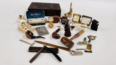 A WOODEN BOX CONTAINING PIPES, TRAVEL CLOCKS, MINIATURE ENAMEL CLOCK ETC.