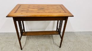 A VINTAGE OAK MARQUETRY INLAID OCCASIONAL TABLE, L 84CM X W 50CM X H 71CM.