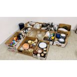 13 BOXES OF KITCHENALIA TO INCLUDE DENBY DINNERWARE, GLASSES, COOKING PANS, CLEANING PRODUCTS,