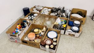 13 BOXES OF KITCHENALIA TO INCLUDE DENBY DINNERWARE, GLASSES, COOKING PANS, CLEANING PRODUCTS,