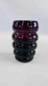 A 1930s AMETHYST VASE OF RIBBED FORM, 20CM HIGH.