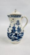 A LOWESTOFT BLUE AND WHITE COFFEE POT AND COVER, THE HANDLE WITH THUMB REST,