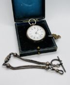 AN ANTIQUE SILVER CASED FOB WATCH, THE CASE MARKED 800,