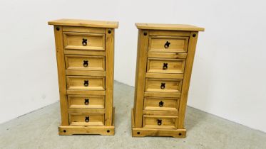 A PAIR OF FIVE DRAWER MEXICAN PINE "CORONA" TOWER CHESTS.