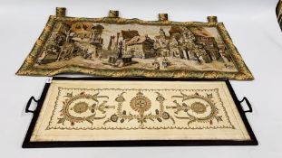A WALL TAPESTRY W 118CM X H 57CM AND A GILT THREAD EMBELLISHED PANEL LENGTH 82CM, WIDTH 31CM.