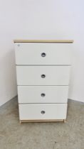 A MODERN WHITE FACED FOUR DRAWER CHEST, W 61CM X D 51CM X H 107CM.