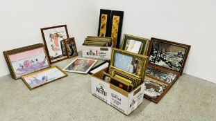 A SET OF 7 GILT FRAMED JAPANESE PRINTS ALONG WITH 2 FRAMED MIRRORED MAPS OF THE WORLD,