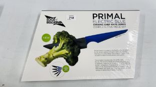 AS NEW BOXED EDGE OF BELGRAVIA PRIMAL ELECTRIC BLUE CERAMIC CHEF KNIFE SERIES COMPLETE FIVE PIECE