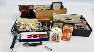 3 X BOXES CONTAINING A QUANTITY OF ASSORTED COSTUME JEWELLERY AND WATCHES, COLMANS MONEY BOX,