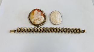 A VICTORIAN GILT METAL BRACELET AND 2 VICTORIAN CAMEO BROOCHES.
