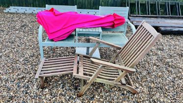 A HARDWOOD GARDEN COMPANION SEAT WITH PARASOL AND STAND + A TEAK FOLDING GARDEN STEAMER CHAIR.