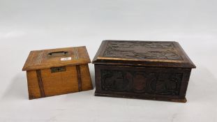 AN ANTIQUE OAK BIBLE BOX WITH CARVED DETAIL TO TOP PLUS CONTENTS TO INCLUDE SEWING THREADS AND